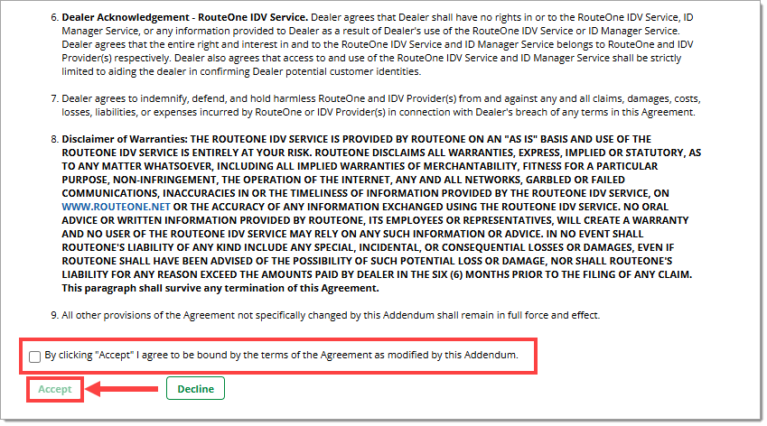 The IDOne Agreement with the ‘By clicking “Accept” I agree to be bound by the terms of the Agreement as modified by this addendum’ statement highlighted by a box and the ‘Accept’ button highlighted by a box with an arrow pointing to it.