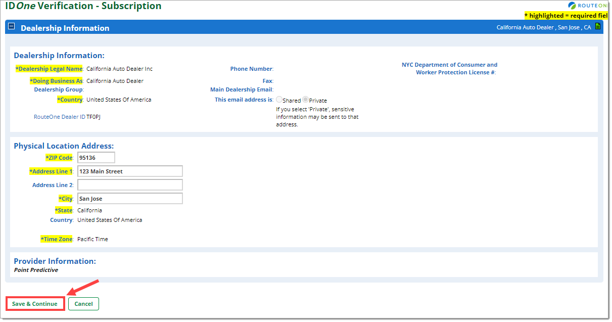 The ‘IDOne Verification – Subscription’ page with the ‘Save & Continue’ button highlighted by a box with an arrow pointing to it.