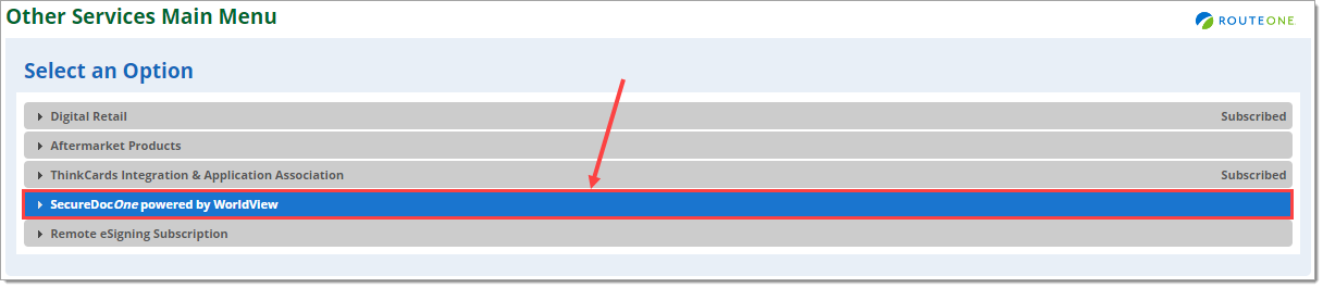 The Other Services Main Menu section of the Admin tab, with the ‘SecureDocOne powered by WorldView’ option highlighted by a box with an arrow pointing to it.