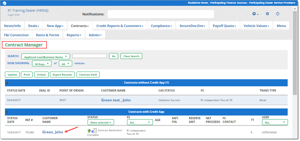 Box around ‘Contract Manager’ showing page user has navigated to. Arrow pointing to customer name. 