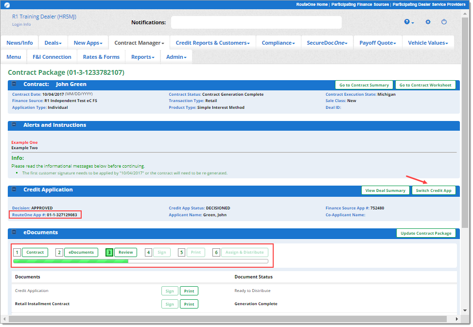 Box around ‘RouteOne App #’ showing original Credit Application associated with the contract. Arrow pointing to active ‘Switch Credit App’ button. Box around tracker bar, showing progress up to the ‘#3 Review’ step.