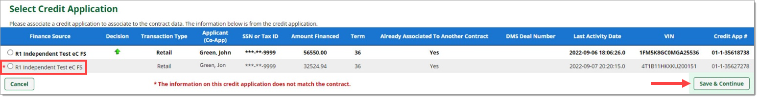 The Select Credit Application page with a box highlighting the credit application with an asterisk beside it, and an arrow pointing to the ‘Save & Continue’ button.