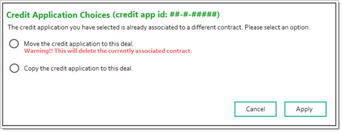 The ‘Credit Application Choices’ pop-up. 