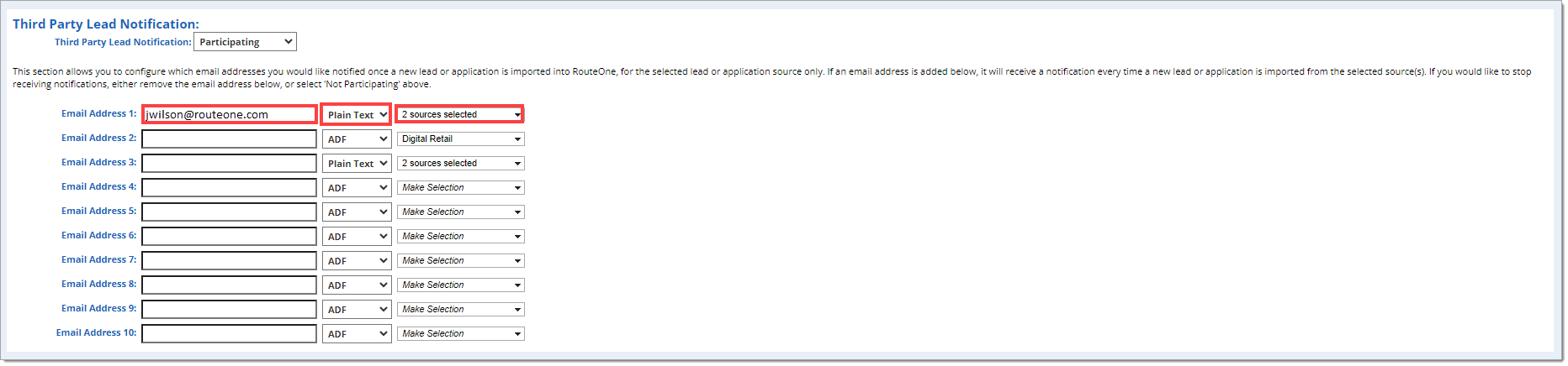 The ‘Third Party Lead Notification’ section with boxes highlighting the ‘Email Address 1’ field, ‘Plain Text/ADF’ drop-down menu, and sources drop-down menu.