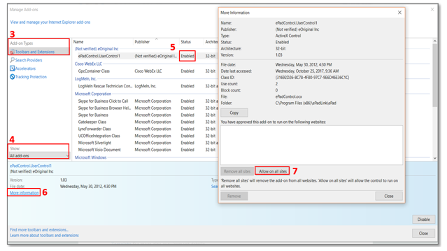 Step #3 box around ‘Add-on Types: Toolbars and Extensions.’ Step #4 box around ‘Show: All add-ons.’ Step #5 Box around ‘Enabled.’ Step #6 box around ‘More Information.’ Step #7 box around ‘Allow on all sites.’  