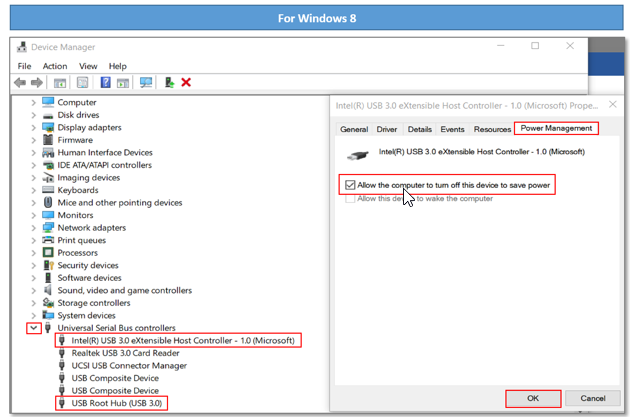 For Windows 8, boxes around expanded ‘Universal Serial Bus Controllers’ list and each ‘USB Root Hub’ listed. Boxes around ‘Power Management’ tab and ‘Allow the computer to turn off this device to save power.’ Box around ‘OK.’