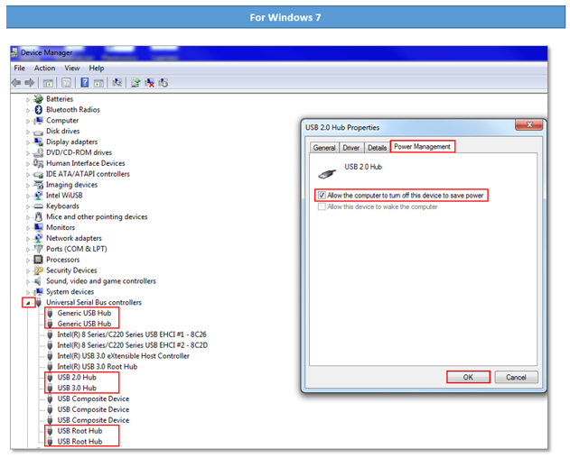 For Windows 7, boxes around expanded ‘Universal Serial Bus Controllers’ list and each ‘USB Root Hub’ listed.  Boxes around ‘Power Management’ tab and ‘Allow the computer to turn off this device to save power.’ Box around ‘OK.’