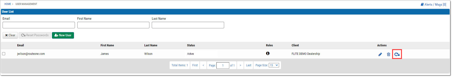 The User Management page with the ‘Status’ set to ‘Active’ and a box highlighting the ‘Reset Password’ icon.