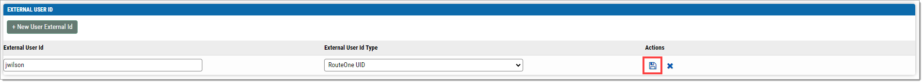 The expanded ‘External User ID’ section of the Edit User page with a box highlighting the ‘Save’ button.