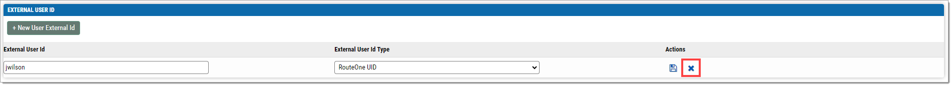 The expanded ‘External User ID’ section of the Edit User page with a box highlighting the ‘x’ button.