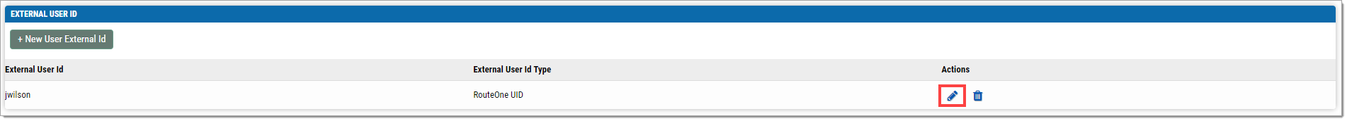 The ‘External User ID’ section of the Edit User page with an external user ID added and a box highlighting the ‘edit’ icon.