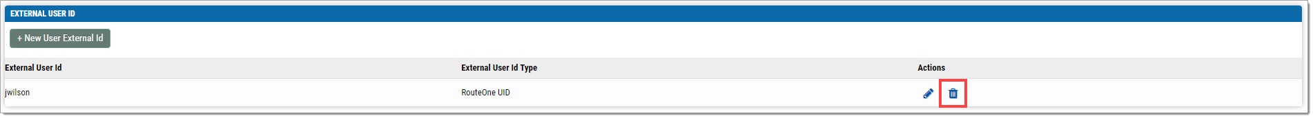The ‘External User ID’ section of the Edit User page with an external user ID added and a box highlighting the ‘remove’ icon.