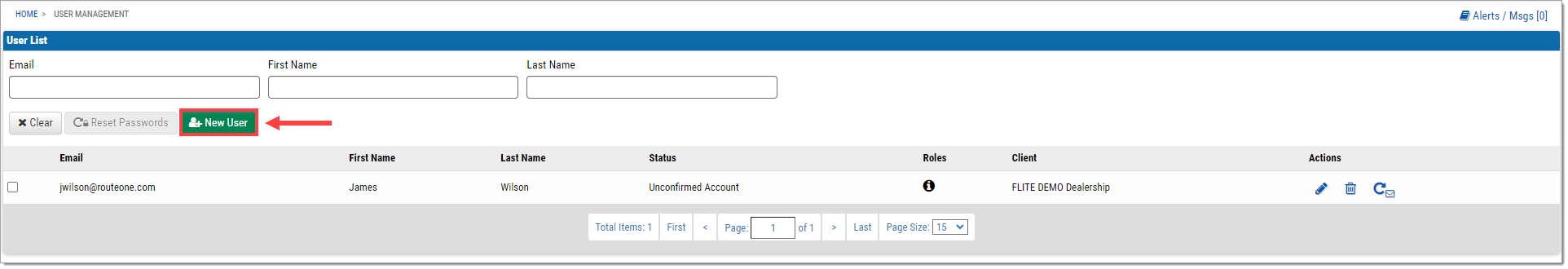 The User Management page with a box highlighting and arrow pointing to the ‘New User’ button.