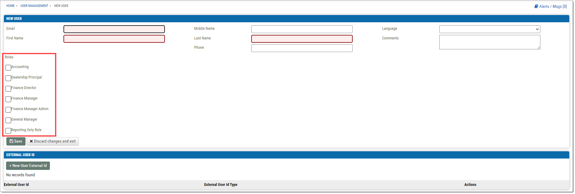 The New User page with a box highlighting the role assignment checkboxes. The ‘Email,’ ‘First Name,’ and ‘Last Name’ fields are highlighted red required fields.