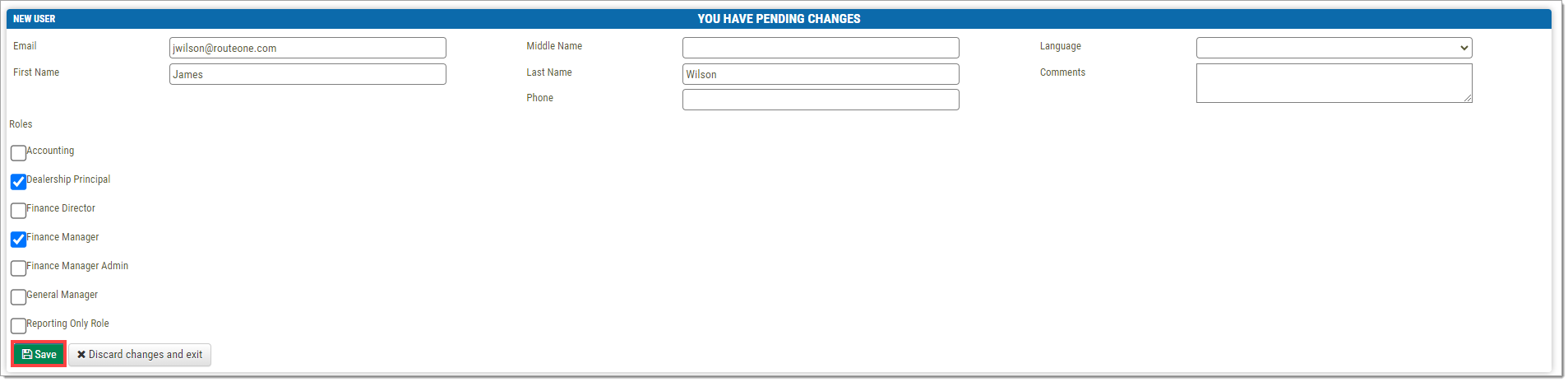 The New User page with the ‘Dealership Principal’ and ‘Finance Manager’ roles checked and the required fields filled out with James Wilson’s information. The ‘Save’ button is highlighted by a box.