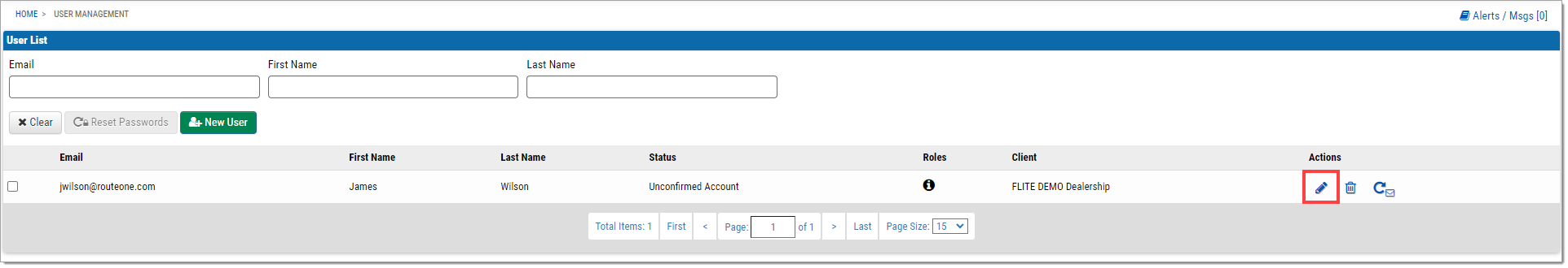 The User Management page with a box highlighting the ‘Edit’ icon.