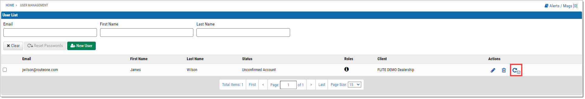 The User Management page with a box highlighting the ‘Resend Activation’ icon.