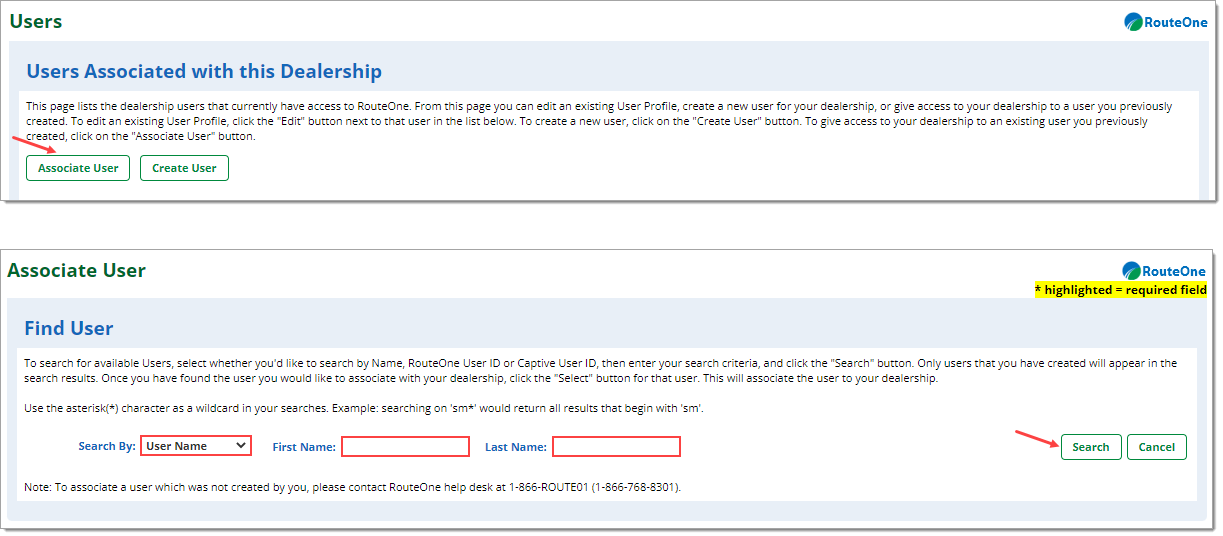 Arrow pointing towards ‘Associate User’ button. After clicking ‘Associate User,’ boxes around ‘Search By,’ ‘First Name,’ and ‘Last Name’ fields. Arrow pointing towards ‘Search’ button. 