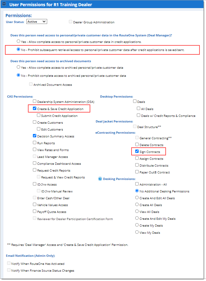 Boxes around ‘No - Prohibit subsequent retrieval/access to personal/private customer data after credit application is saved/sent,’ ‘Create & Save Credit Application,’ and ‘Sign Contracts’ 