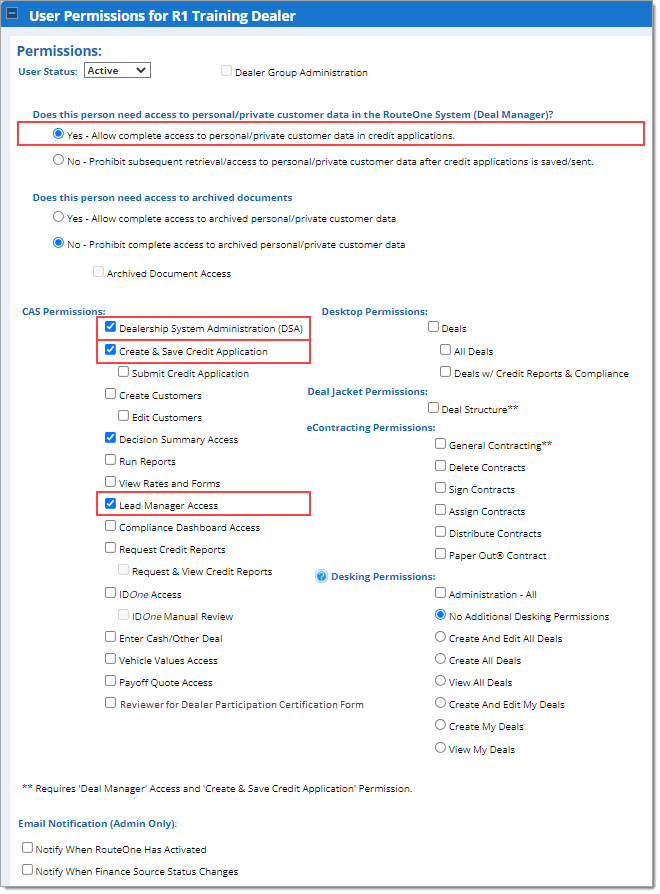 Boxes around ‘Yes - Allow complete access to personal/private customer data in credit applications,’ ‘Dealership System Administration (DSA),’ Create & Save Credit Application,’ and ‘Lead Manager Acces’