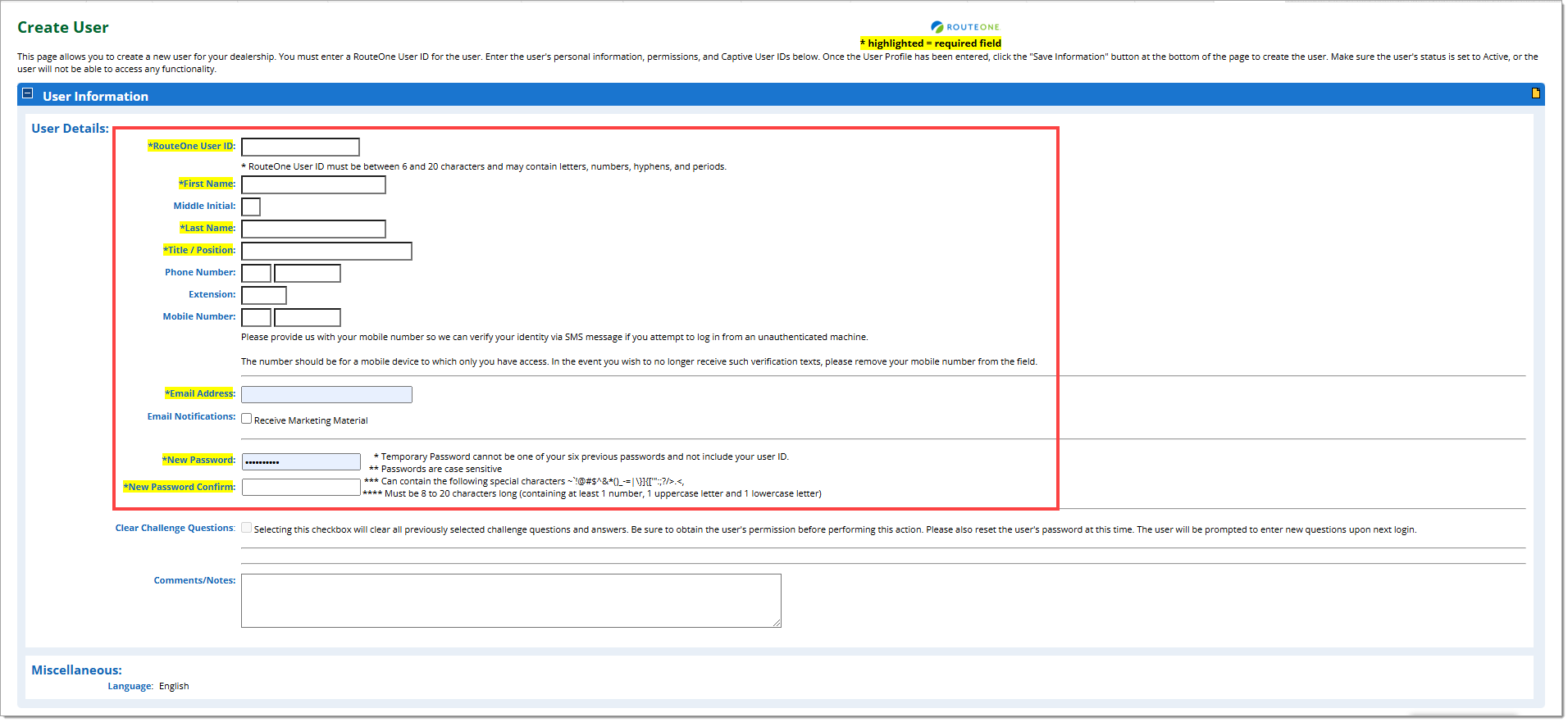 The ‘User Information’ section of the Create User page with the user information fields highlighted by a red box. Required fields are highlighted in yellow.