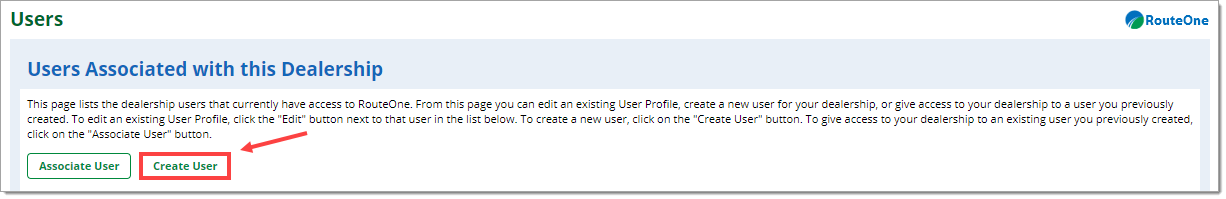 The “Users Associated with this Dealership” section of the Users page, with a box and arrow highlighting the “Create User” button.