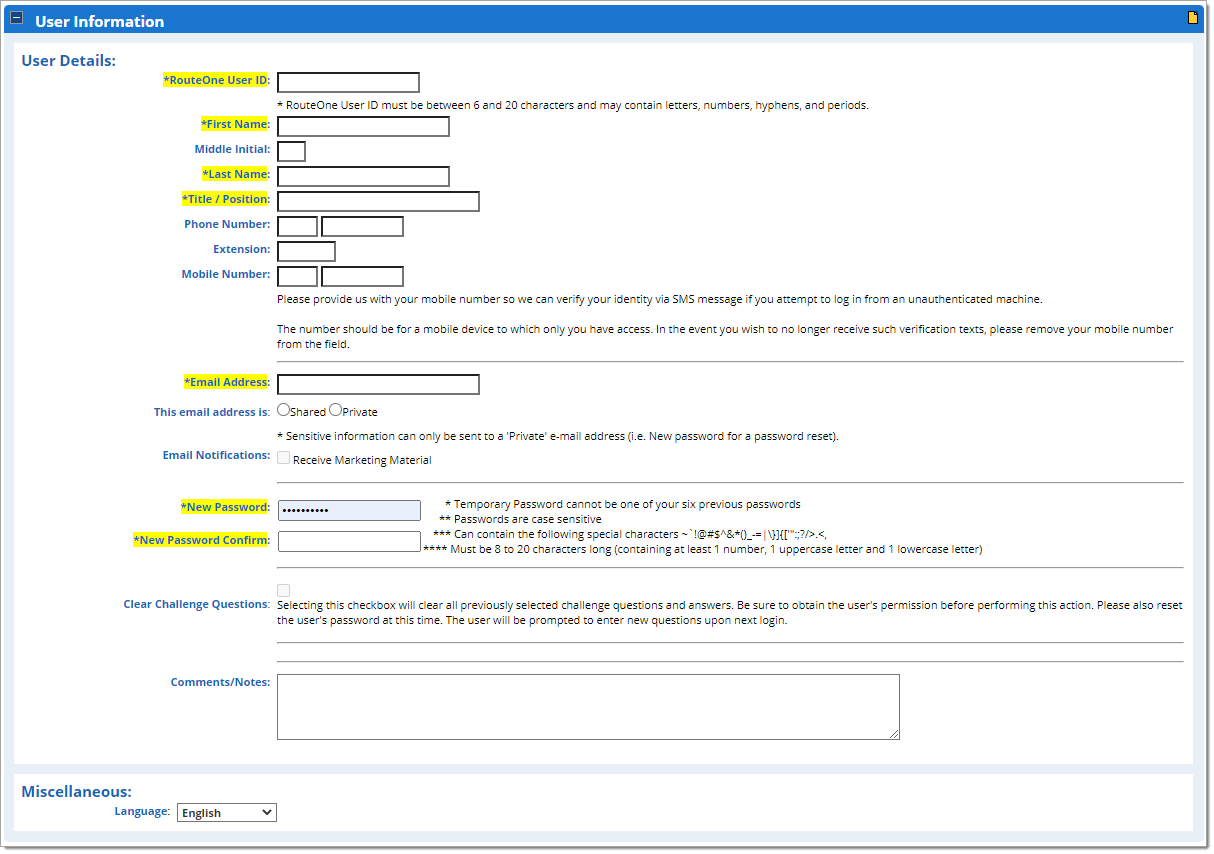 The User Information section of the Create User page.  All fields are empty.  The RouteOne User ID, First Name, Last Name, Title/Position, Email Address, New Password, and New Password Confirm fields are highlighted in yellow, indicating they are required.  