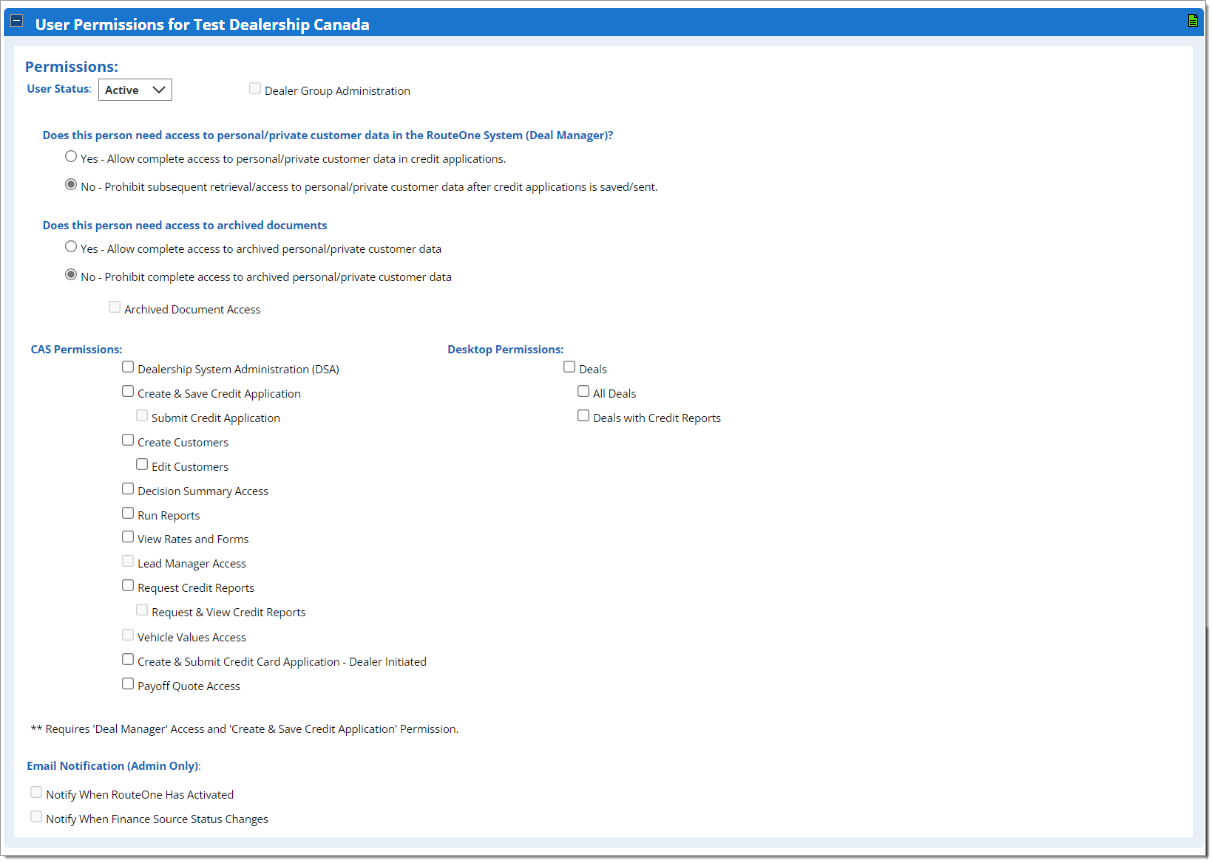 The User Permissions section of the Create User page.