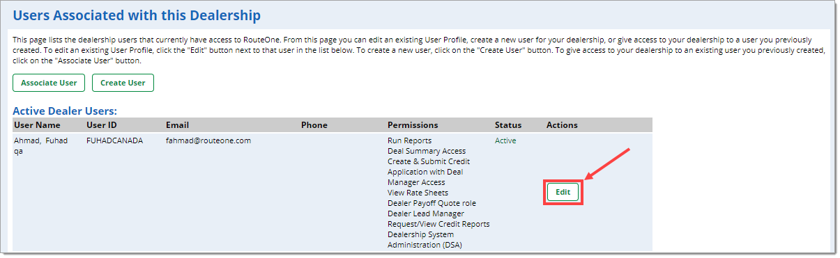 The Users page showing the list of users.  A box and arrow highlight the “Edit” button of a user.