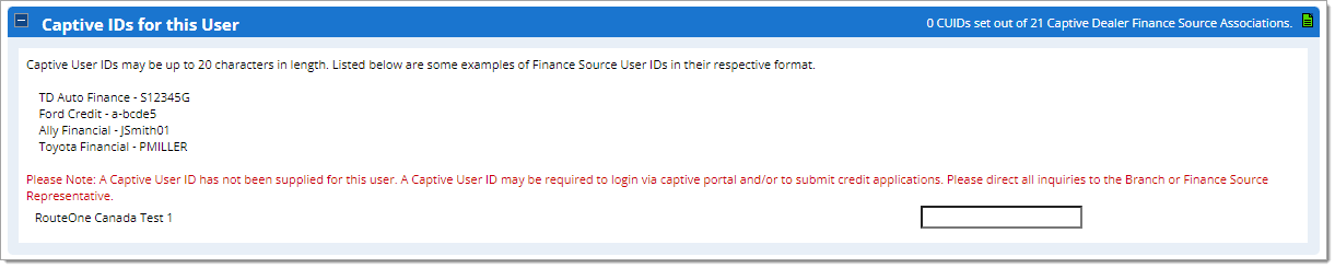 The Captive IDs for this User section of the create user page.  The field for RouteOne Canada Test 1 is blank.