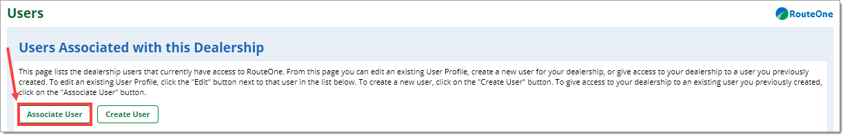 The Users Associated with this Dealership section of the Users page, with an arrow and a box highlighting the “Associate User” button.
