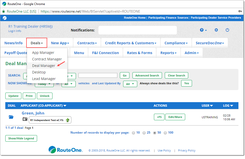 The Deal Manager page with the ‘Deals’ tab highlighted by a box and expanded, and an arrow pointing to the ‘Deal Manager’ option.