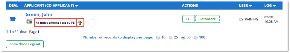 A cropped view of a deal on the Deal Manager page, with boxes highlighting the finance source and the decision icon.