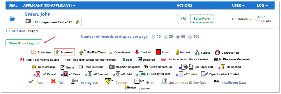 A cropped view of the icon legend at the bottom of the Deal Manager page with an arrow pointing to the ‘Show/Hide Legend’ button and a box highlighting the ‘Approved’ icon.