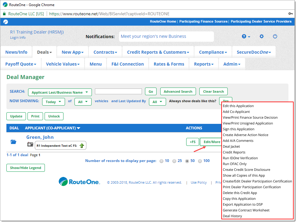 The Deal Manager page with an arrow pointing to the ‘Edit/More’ button, with the ‘Edit/More’ menu expanded and highlighted by a box.