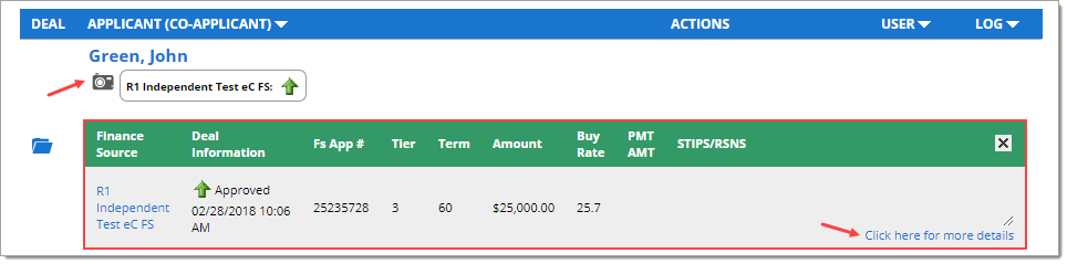 A cropped view of a deal on the Deal Manager page with the Decision Snapshot expanded and highlighted by a box.  There are arrows pointing to the Camera (Decision Snapshot) icon as well as the link ‘Click here for more details.’