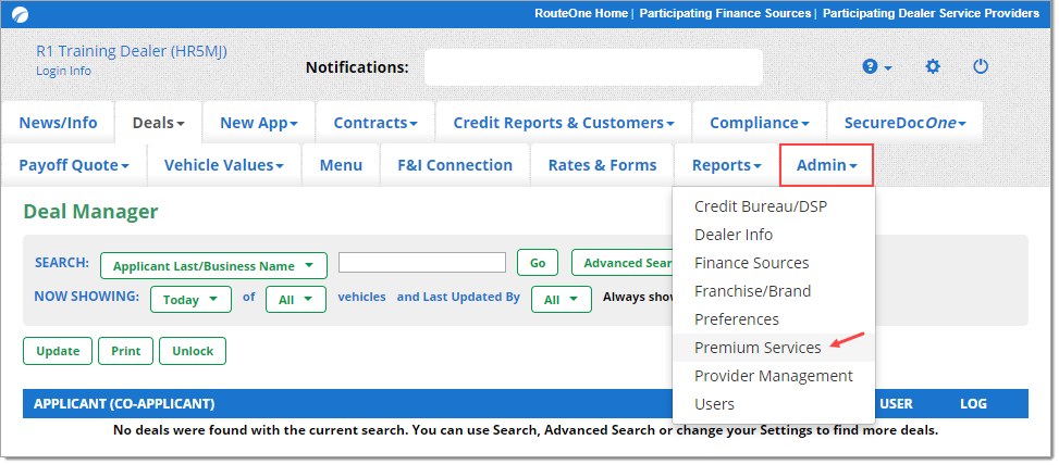 Box around ‘Admin’ tab, arrow pointing to ‘Premium Services.’