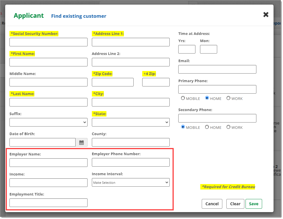 The Applicant page with a box highlighting the ‘Employer Name,’ ‘Employer Phone Number,’ ‘Income,’ ‘Income Interval,’ and ‘Employment Title’ fields.