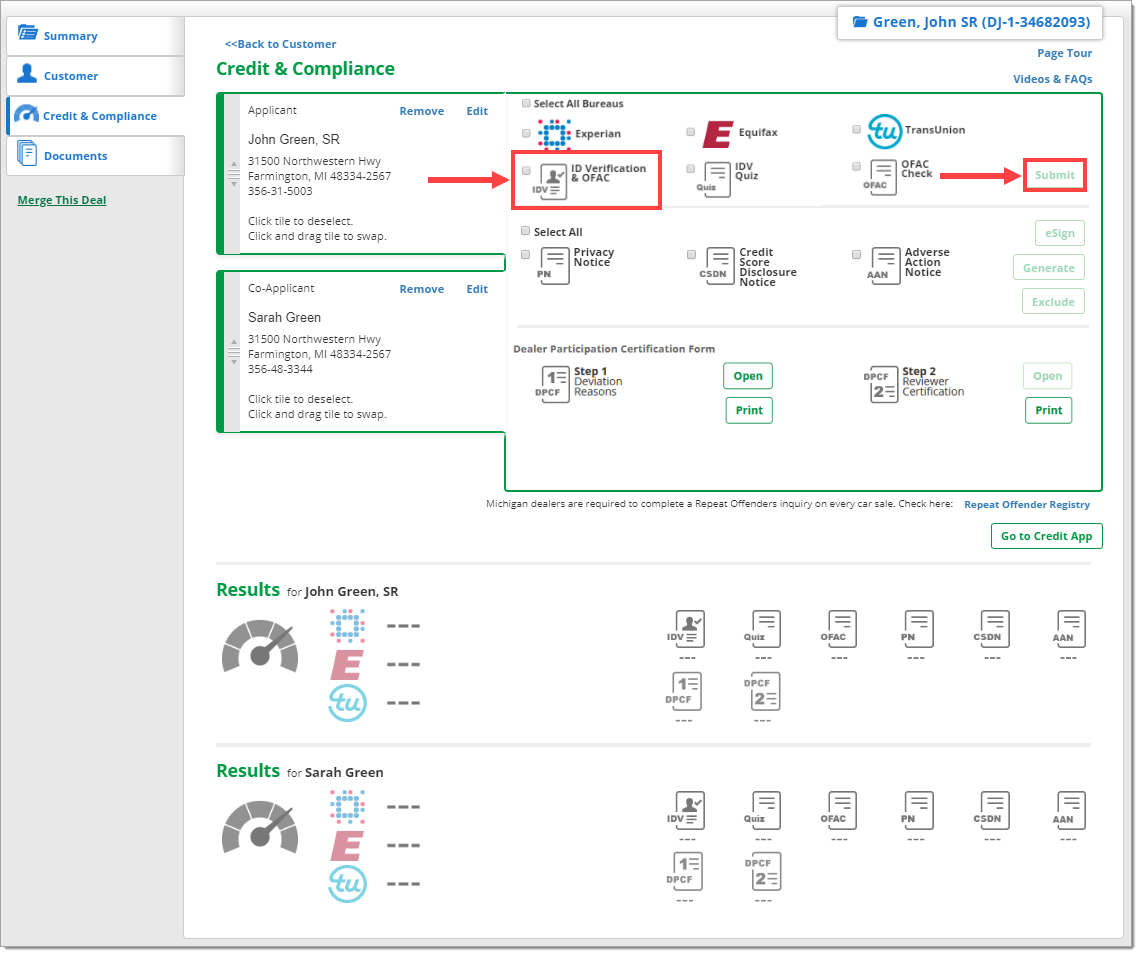 The Credit and Compliance page with the ‘ID Verification & OFAC’ checkbox highlighted by a box with an arrow pointing to it and the corresponding ‘Submit’ button highlighted by a box with an arrow pointing to it.