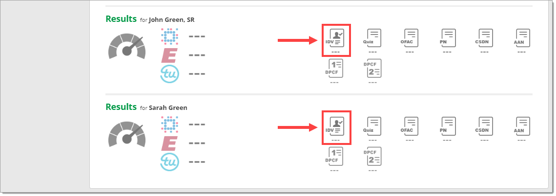 The bottom half of the Credit and Compliance page with the ‘IDV’ results icons for each applicant highlighted by a box with an arrow pointing to it.