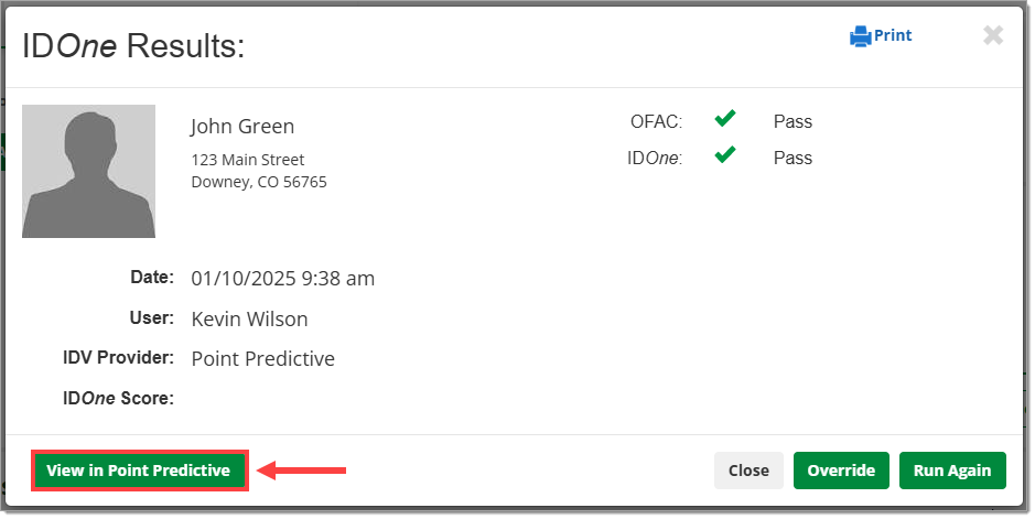 The IDOne Results page with the ‘View in Point Predictive’ button highlighted by a box with an arrow pointing to it.