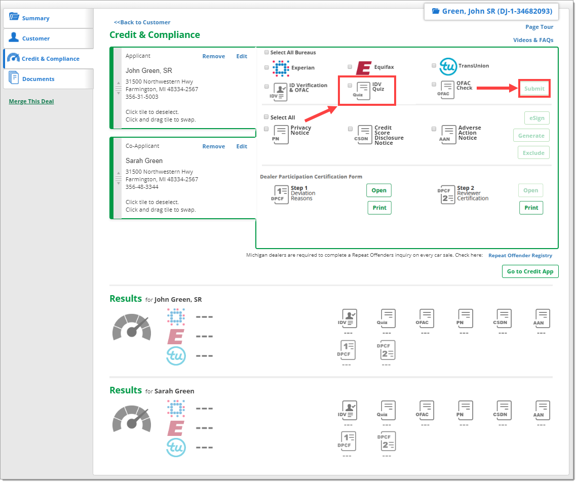 The Credit and Compliance page with the ‘IDV Quiz’ checkbox highlighted by a box with an arrow pointing to it and the corresponding ‘Submit’ button highlighted by a box with an arrow pointing to it.