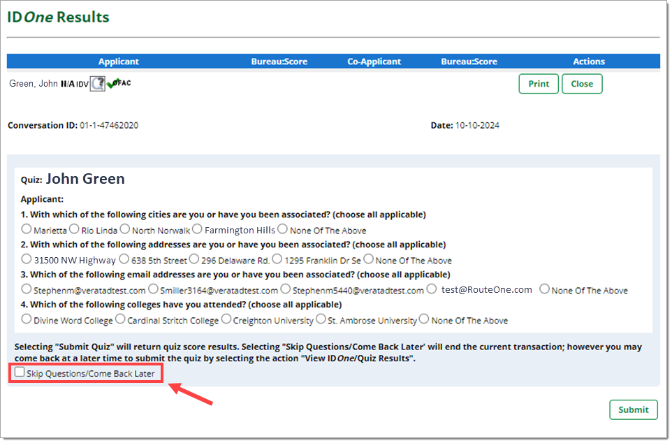 The IDOne Results page accessed from the Deal Manager page with the ‘Skip Questions/Come Back Later’ checkbox highlighted by a box with an arrow pointing to it.