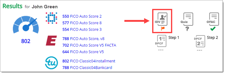 The ‘Results’ section of the Credit and Compliance page with the ‘IDV’ button highlighted by a box with an arrow pointing to it.