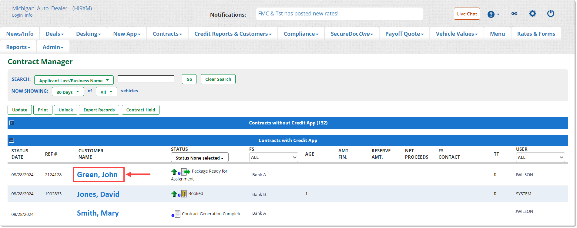 The Contract Manager page with the ‘Contracts without Credit App’ section minimizes and the name ‘Green, John’ under the ‘Contracts with Credit App’ section highlighted by a box with an arrow pointing to it.