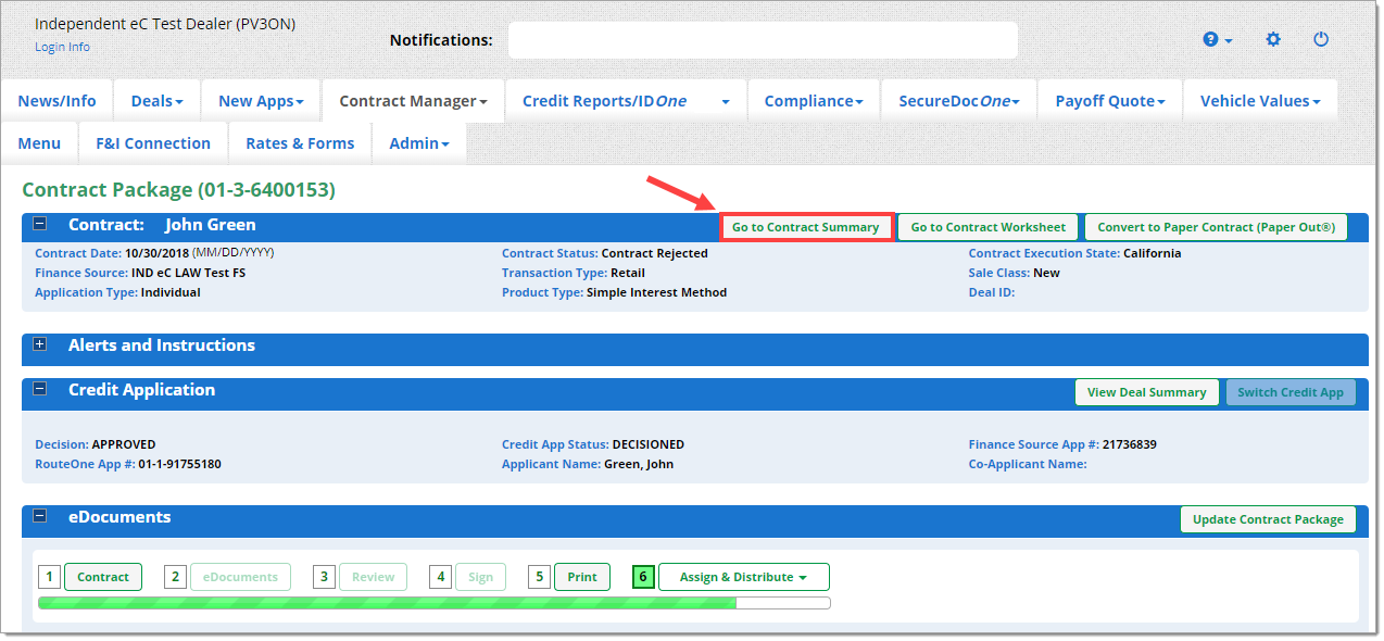 The Contract Package page with an arrow pointing to the ‘Go to Contract Summary’ button.