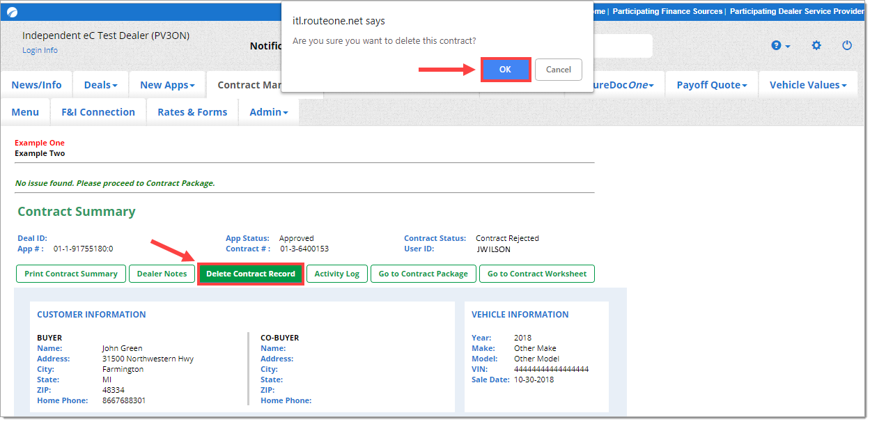 The Contract Summary page with a box highlighting and an arrow pointing to the ‘Delete Contract Record’ button and a pop-up asking ‘Are you sure you want to delete this contract?’ with a box highlighting and an arrow pointing to the ‘OK’ button.