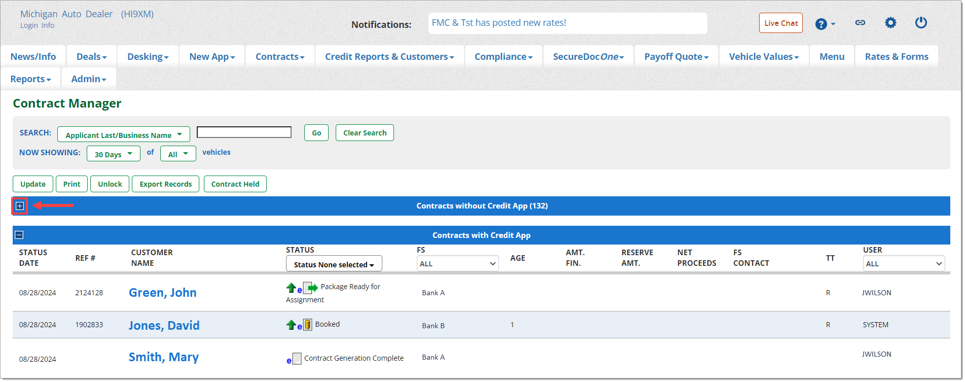 The Contract Manager page with the ‘+’ button that corresponds to the minimized ‘Contracts without Credit App’ section highlighted by a box with an arrow pointing to it.