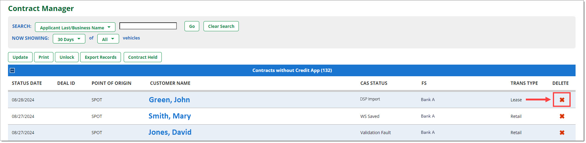 The Contract Manager page with the ‘X’ ‘Delete’ icon for ‘Green, John’ highlighted by a box with an arrow pointing to it.