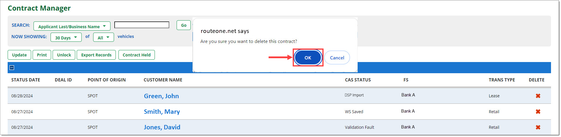 The Contract Manager page with a pop-up asking ‘Are you sure you want to delete this contract?’ with the ‘OK’ button highlighted by a box with an arrow pointing towards it.